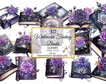 Watercolor Gothic Fantasy Books Clipart, Floral PNG (Digital Download)
