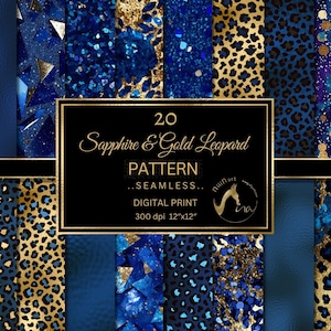 Royal Sapphire und Gold Leopard Digital Papier, nahtloses Gold Glitzer Leopardenmuster, Navy Safari Animal Print, blauer Glitter, kommerzielle Nutzung