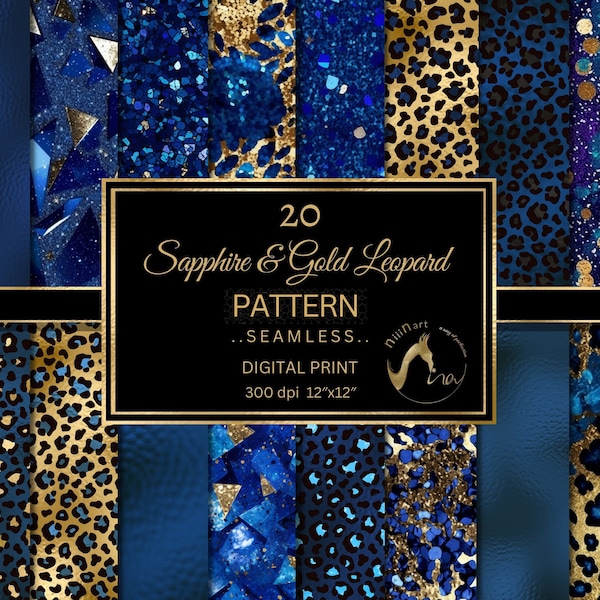 Royal Sapphire and Gold Leopard Digital Paper, Seamless Gold Glitter Leopard Pattern, Navy Safari Animal Print, Blue Glitter, Commercial Use