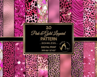 Pink Leopard Digital Paper, Gold Accent, Seamless Patterns (JPG, PDF)