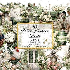 Aquarel groen-witte rustieke chique boerderij clipartbundel, rustieke clipartbundel, groene boerderij png, gezellige boerderijdecoraties, plakboek