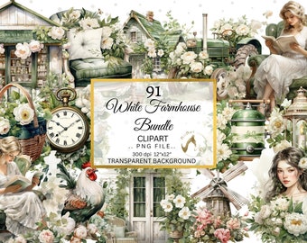 Watercolor Farmhouse Clipart Bundle, Rustic Green & White (PNG Digital Download)