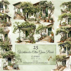 Boerderij veranda aquarel clipart, boerderij clipart, veranda bundel PNG, huis aquarel clipart, boerenhuis, olijfbomen, groene stoel