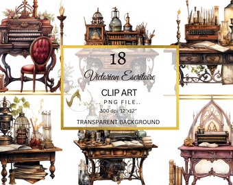 Watercolor Victorian Desk Clipart, Antique Secretary PNG (Digital Download)