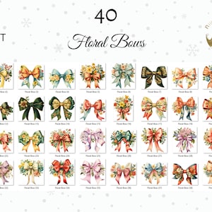 May include: A collection of 40 watercolor clipart images featuring floral bows in various colors and styles. The bows are adorned with flowers and ribbons, perfect for digital art projects. The word "CLPART" is at the top left and "Floral Bows" is written in cursive.