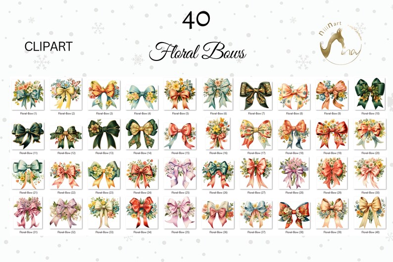May include: A collection of 40 watercolor clipart images featuring floral bows in various colors and styles. The bows are adorned with flowers and ribbons, perfect for digital art projects. The word "CLPART" is at the top left and "Floral Bows" is written in cursive.