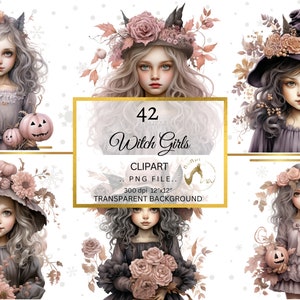 Halloween Hexe Clipart Clipart, Altrosa Magie Hexe Clipart PNG, Mädchen Hexen PNG, Scrapbook, Junk Journal, Papier Handwerk Scrapbooking