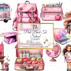 Pink Back to school, Watercolor School Clipart, Back to School Clipart, School Clipart PNG, Pink School Bus, Watercolour Clip Art Digital