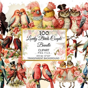 Lovely Birds Clipart, Clipart rétro, couple oiseaux floral png, Valentines png, clipart de mariage, clipart oiseau, clipart couple, clipart floral