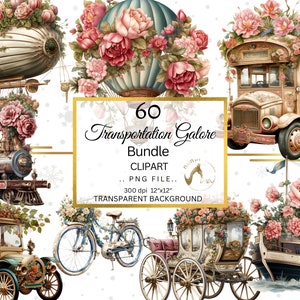 Floral Transportation Galore Victorian Bundle, Victorian Car, Victorian Bus, victorian Ship, Victorian Train png, Barrage Balloon PNG
