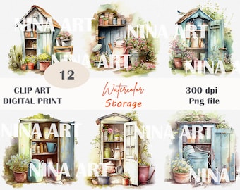 Watercolor Shabby Chic Storage Clipart Set, PNG Art (Commercial Use)