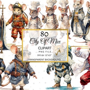 Aquarelle ville de souris Clipart Bundle, souris PNG Clipart, aquarelle souris clipart, souris mignonnes, clipart pack, pépinière art, usage Commercial
