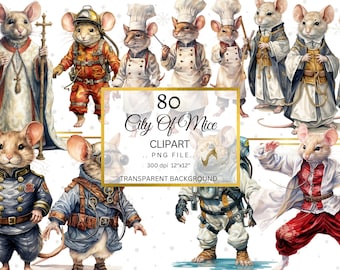 Watercolor Mice Clipart Bundle, City of Mice PNG (Digital Download)