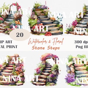 Ensemble d’étapes de pierre aquarelle et clipart floral, escalier de pierre et fleurs PNG pas de fond, escalier de pierre joyeux coloré, usage Commercial