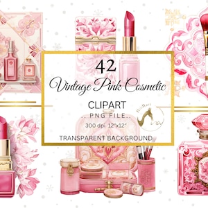 Clipart set cosmetici rosa vintage, clipart trucco acquerello, clipart cosmetici, clipart bellezza, clipart moda, set cosmetici trucco PNG