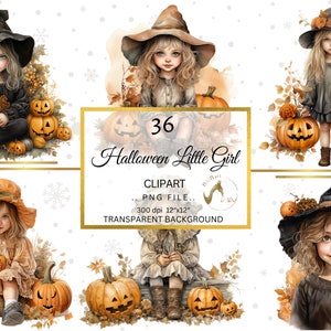 Clipart della ragazza di Halloween dell'acquerello impostato in PNG trasparente, download di immagini digitali dell'acquerello della ragazza di Halloween retrò, creazione di cartoline, sublimazione