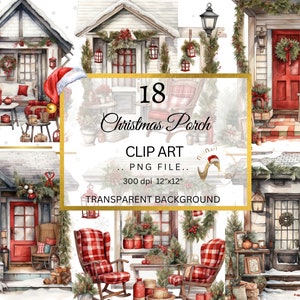Watercolor Christmas Porch Clipart, Watercolor House Front PNG Bundle, Junk Journal, Digital Planner, Collage Images, Christmas Clipart
