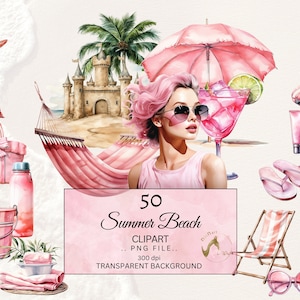 Clipart Summer Beach, Clipart digitale per viaggi sull'oceano, Clipart per le vacanze estive dell'acquerello, Edizione rosa, ClipArt digitale, Uso commerciale