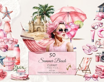 May include: A set of 50 summer beach themed clipart images. The images are in a watercolour style and feature a variety of items, including a beach umbrella, a beach chair, a beach bag, a beach towel, a beach ball, a pair of sunglasses, a starfish, a seashell, a flip-flop, a beach hut, a bicycle, a camera, a cocktail, a hammock, a castle, a palm tree, and a woman with pink hair.