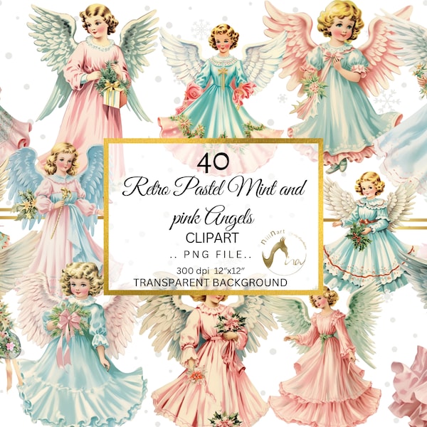 Christmas Angels Retro Clipart PNG, Vintage Christmas Angel Clipart, Printable Digital File, Christmas Season PNG, Commercial Use