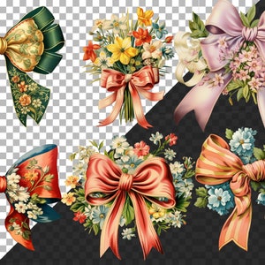 May include: A collection of vintage-style floral bows and bouquets. The bows feature intricate patterns and colors, including green, gold, red, and pink. The bouquets include a variety of flowers, such as daffodils, daisies, and roses.