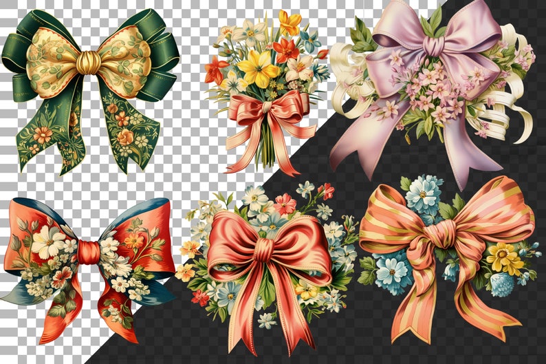 May include: A collection of vintage-style floral bows and bouquets. The bows feature intricate patterns and colors, including green, gold, red, and pink. The bouquets include a variety of flowers, such as daffodils, daisies, and roses.