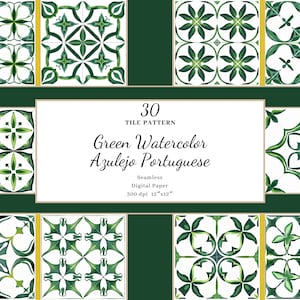 Collection de tuiles portugaises : modèles numériques Green Azulejo pour les projets de sublimation, d’artisanat et de bricolage, licence d’utilisation commerciale incluse