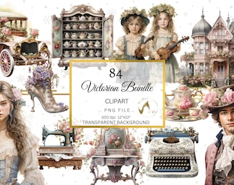 May include: A digital clipart bundle of 84 Victorian-themed images. The images include a vintage car, a tea set, a sewing machine, a typewriter, a shoe, a house, and two girls with flowers in their hair. The images are on a transparent background.