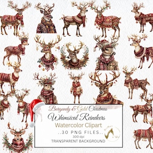 Renne stravaganti ad acquerello, Effimere stravaganti, Clipart acquerello di renne di Natale, Renne che indossano abiti natalizi, PNG invernale