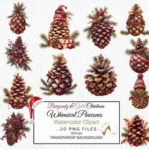 Clipart lunatique Noël aquarelle de pommes de pin, pommes de pin bordeaux et or Png, clipart sublimation rouge et or, pommes de pin décoratives