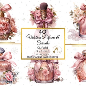 May include: A set of 40 digital clip art images featuring Victorian-style perfume bottles and cosmetic items. The images are in PNG format with a transparent background and are 12 inches by 12 inches at 300 dpi.