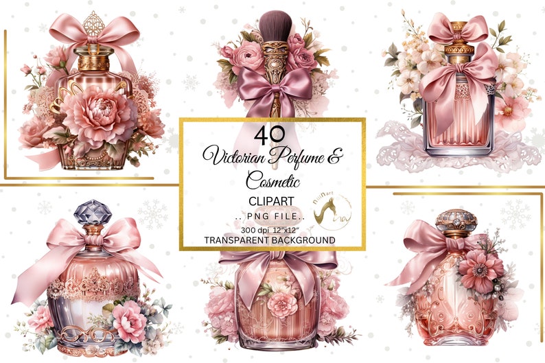 May include: A set of 40 digital clip art images featuring Victorian-style perfume bottles and cosmetic items. The images are in PNG format with a transparent background and are 12 inches by 12 inches at 300 dpi.