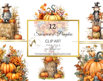 Watercolor Cute Halloween Themed Scarecrows Clip Art Set Digital Printable scarecrow graphics scarecrow clipart png commercial use