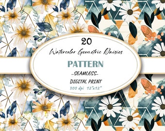 Watercolor Daisy Digital Paper, Geometric Backgrounds (JPG, PDF)
