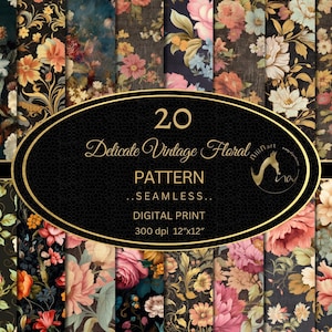Floral Digital Paper, Dark Vintage Garden Floral Grunge Textures Printable Scrapbook Paper Backgrounds, Peonies and Roses Digital download