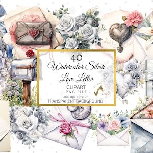 Imágenes prediseñadas de sobre de plata de acuarela, sobre de amor, corazón, archivos de sublimación, PNG de San Valentín antiguo, álbum de recortes, fabricación de tarjetas, arte de medios mixtos