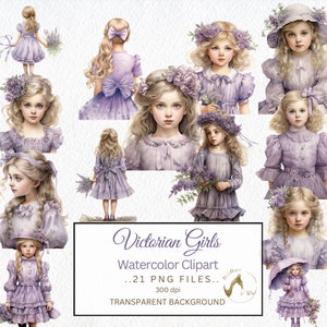 Victorian Little Girl Watercolor Clipart Bundle PNG Purple Vintage Girl Art Card Graphic Crafting Paper Junk Journal Page Scrapbook Download