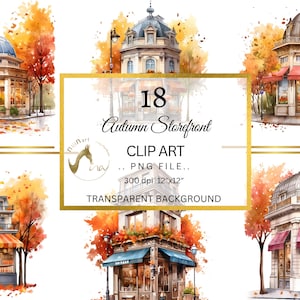 Watercolor Cafe Storefronts Clipart - cute coffee shop cafe PNG format Digital Download, Autumn Cafe, Fall leaves, for Commercial use