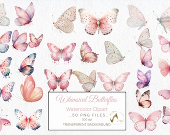 Watercolor Butterfly Clipart, Pink & Lilac Butterflies (PNG Image)