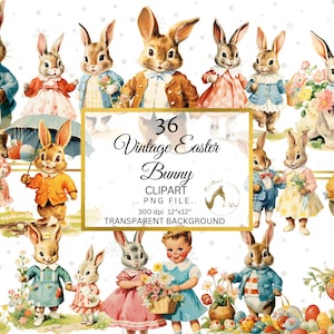 Vintage Osterhase Clipart Bundle, Osterhase, Osterei, Osterkorb PNG, Boho Ostern PNG, Lamm, Kaninchen Clipart, Frühling Clipart