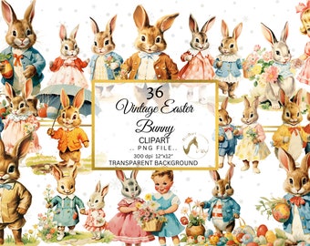 Vintage Easter Bunny Clipart Bundle, Easter Bunny, Easter Egg, Easter Basket PNG, Boho Easter PNG, Lamb, Rabbit Clipart, Spring Clipart