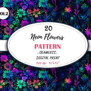 20 fiori al neon modello digitale senza cuciture, carta senza cuciture con vernice floreale al neon, download digitale di fiori luminosi al neon, licenza commerciale