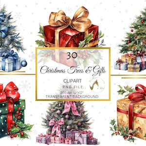 Paquete de imágenes prediseñadas de árboles y regalos de Navidad, PNG de Navidad, JPG de alta calidad, Feliz Navidad, Fabricación de tarjetas, Artesanía de papel digital, Obras de arte navideñas