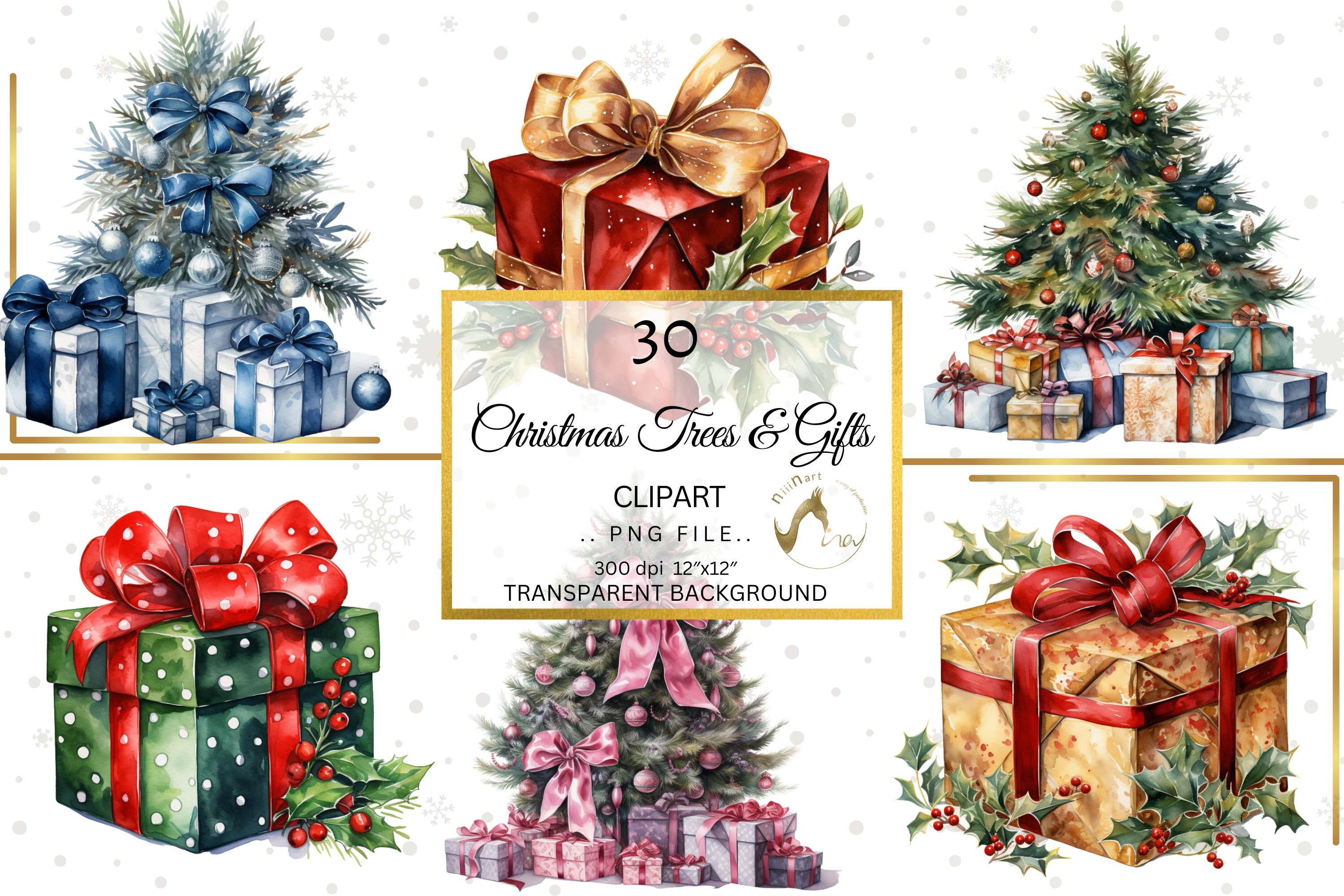 クリスマスツリーとギフトのクリップアート、お祝いのPNG JPG（デジタルダウンロード） - Etsy 日本, image size:3000x2000