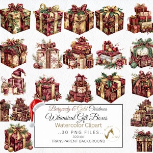 Watercolor Whimsical Christmas Gift Box Clipart, Christmas Gifts Clipart, Pile of Gift Boxes With Christmas Ornaments, Red & Gold Gift Boxes