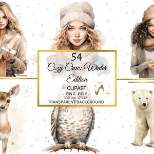 Acogedor equipo navideño Clipart, acuarela animales de invierno PNG, imágenes prediseñadas de invierno, imágenes prediseñadas de niña de invierno, diario basura de Navidad, imágenes prediseñadas para hacer tarjetas