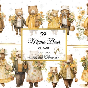 Watercolor Bear Family Clipart Bundle, Mama Bear, Papa Bear, Bear Cub PNG Digital Graphics, Flower PNG, Yellow Clipart PNG, Commercial use