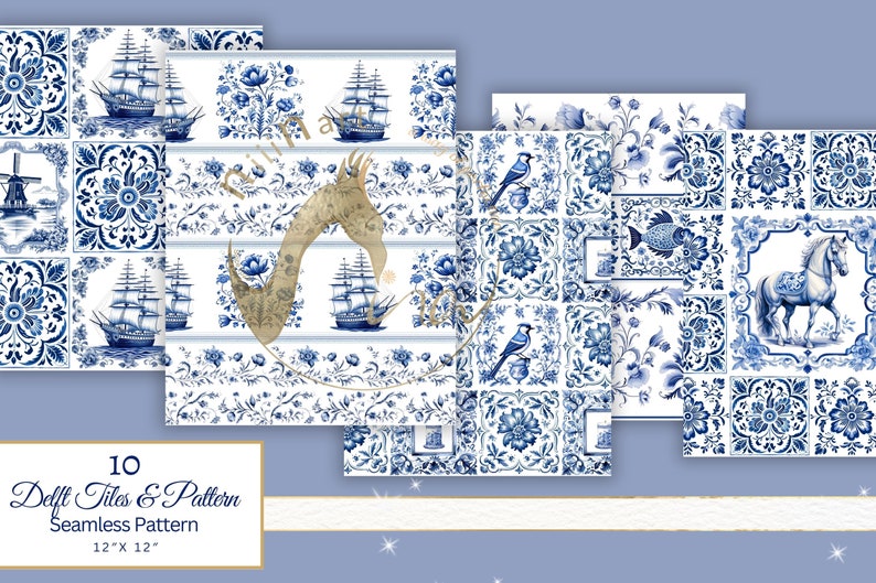 Watercolor Delft Tiles Delft Seamless Patterns Borders and Delft ...