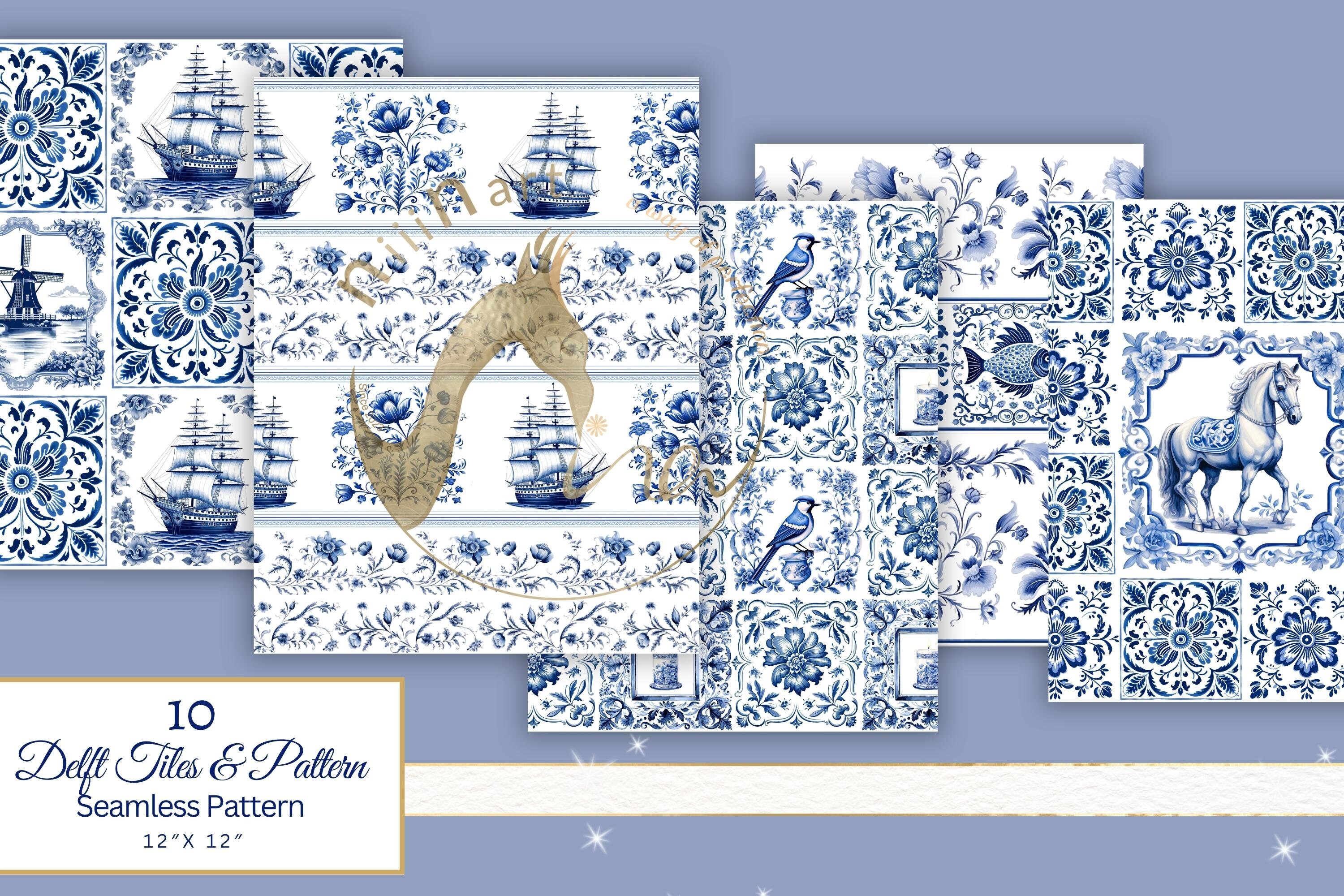 Watercolor Delft Tiles Delft Seamless Patterns Borders and Delft ...