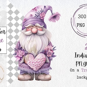 Watercolor Floral Purple Valentines Gnomes Clipart With heart, 20 PNG Festive Gnomes Clipart, Valentines Day Clipart, Floral Gnomes PNG